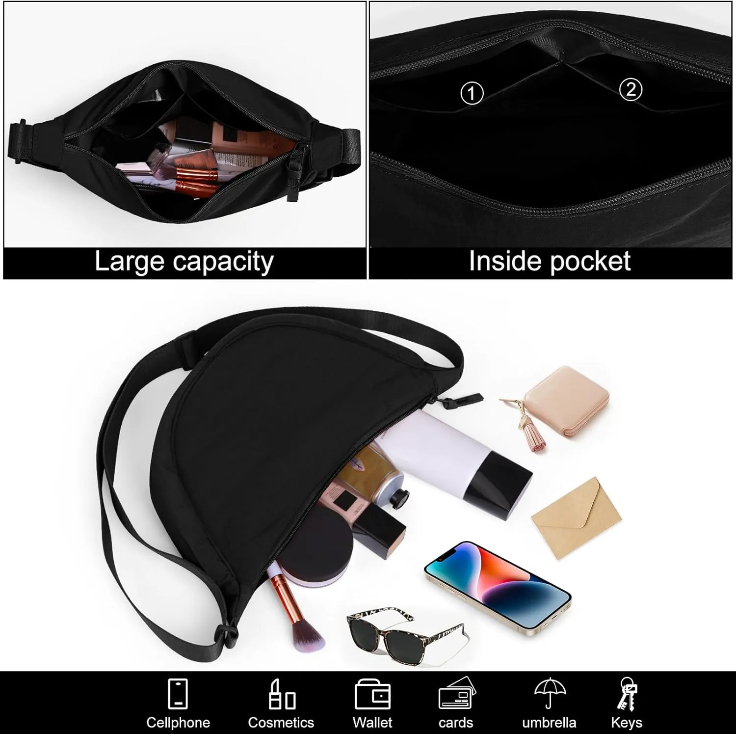 JQWSVE Nylon Crescent Bag for Women Men Crossbody Bag Hobo Sling Crescent Shoulder Bag Purse Casual Solid Color Dumpling Bag