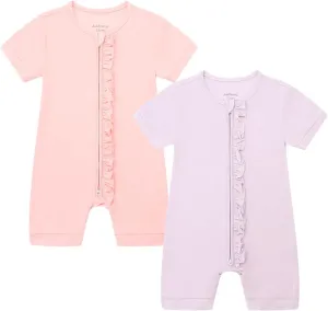 JunNeng Baby Boy Girl 2 Pack Rayon of Bamboo Summer Sleeper Infant Soft Short Sleeve Zipper Footless One-piece Romper