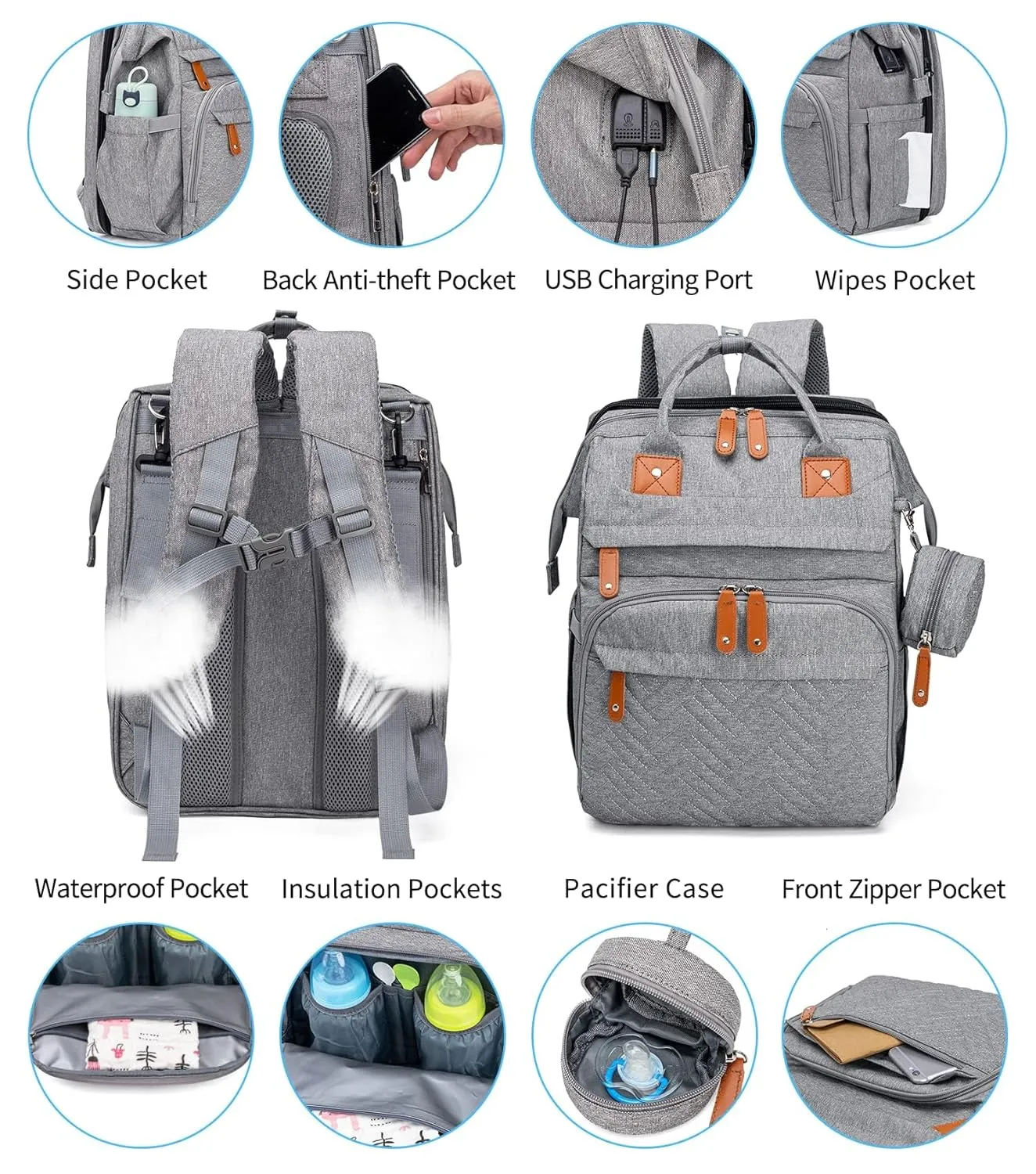 KABAQOO Diaper Bag Backpack, Large Baby Diaper Bags for Boys Girls, Baby Bag with USB Charging Port, Multifunction Waterproof Travel Back Pack for Moms Dads, Grey