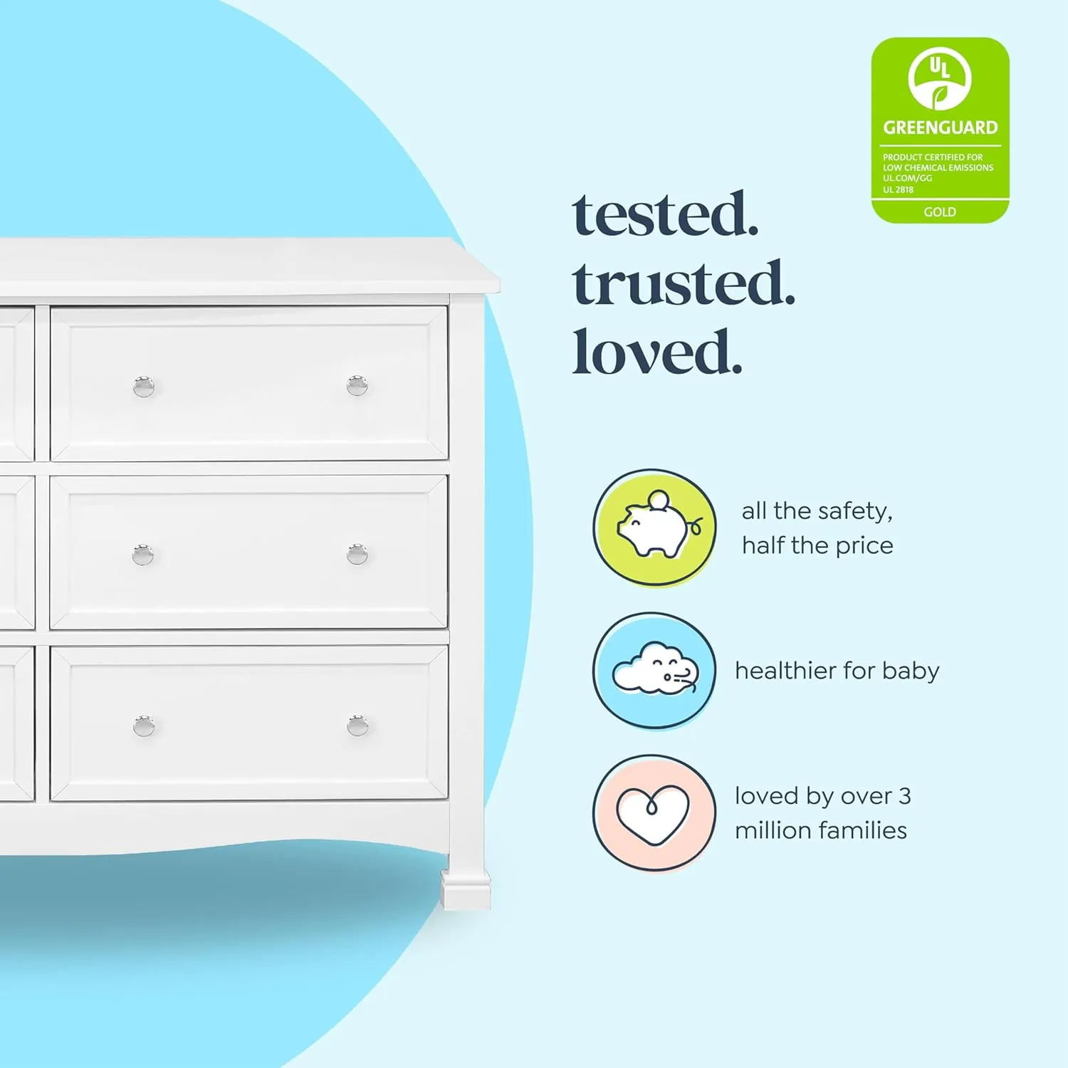 Kalani Baby Dresser for Nursery - GREENGUARD Gold Certified Wooden 6 Drawer Double Dresser - Kids Dresser for Boys and Girls - Multi-Purpose White Dresser for Bedroom, Living Room, and Hallway