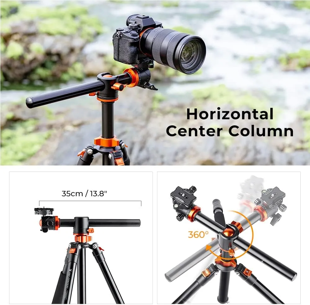 K&F Concept 73 inch /186cm Camera Tripod,Transverse Center Column Aluminium DSLR Tripod with 360 Degree Ball Head 10kg Load Capacity,Quick Release Plate,Detachable Monopod T255A3 BH-28L