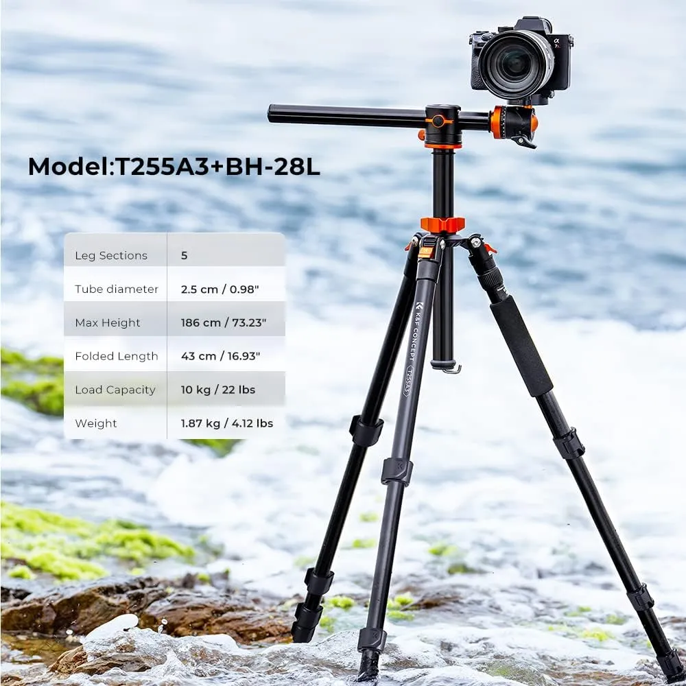 K&F Concept 73 inch /186cm Camera Tripod,Transverse Center Column Aluminium DSLR Tripod with 360 Degree Ball Head 10kg Load Capacity,Quick Release Plate,Detachable Monopod T255A3 BH-28L