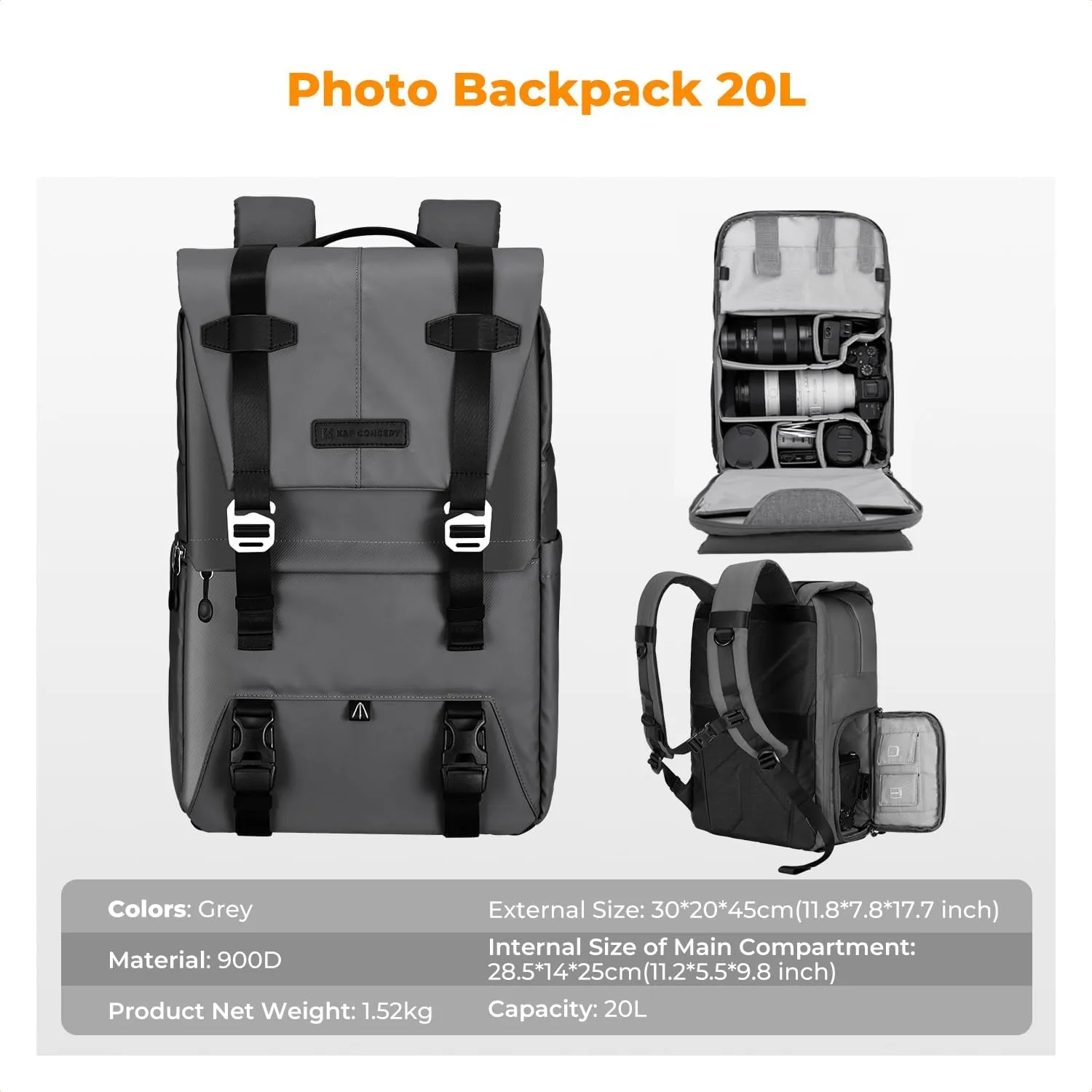 K&F Concept Camera Backpack, Camera Bags for Photographers Large Capacity Camera Case with Raincover,15-15.6 Inch Laptop Compartment Compatible for Canon/Nikon/Sony/DJI Mavic Drone