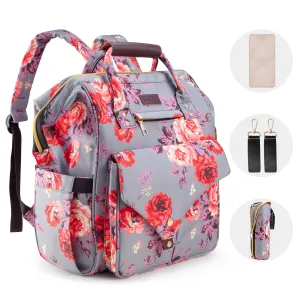 Kaome Diaper Bag Backpack, Upgraded Large Capacity Multifunction Nappy Bags, Waterproof Baby Bag Floral Insulated Sturdy Travel Maternity Back Pack for Baby Girls with Diaper Pad Bottle Bag