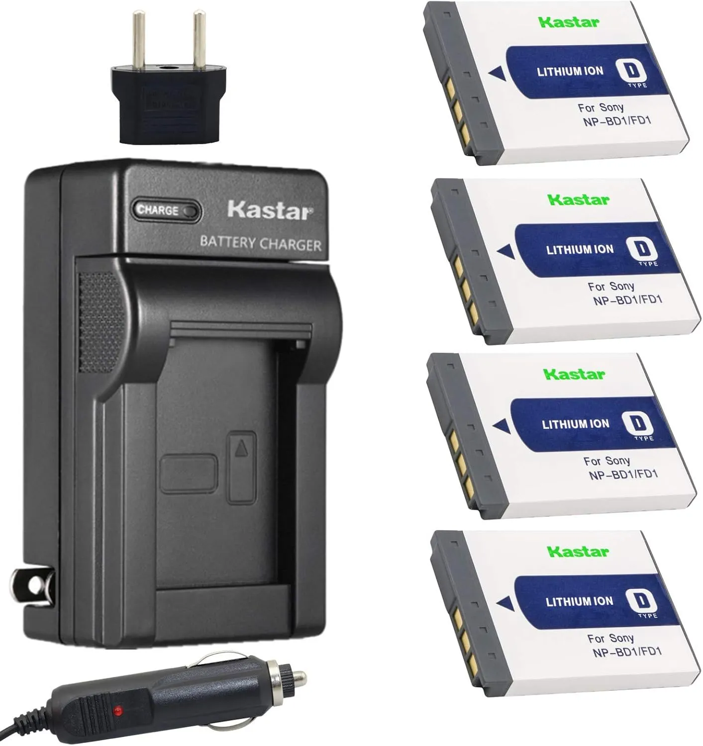 Kastar Battery (4-Pack) and Charger for Sony NP-BD1, NP-FD1, BC-CSD and Cyber-shot DSC-G3, DSC-T2, DSC-T70, DSC-T75, DSC-T77, DSC-T90, DSC-T200, DSC-T300, DSC-T500, DSC-T700, DSC-T900, DSC-TX1 Cameras