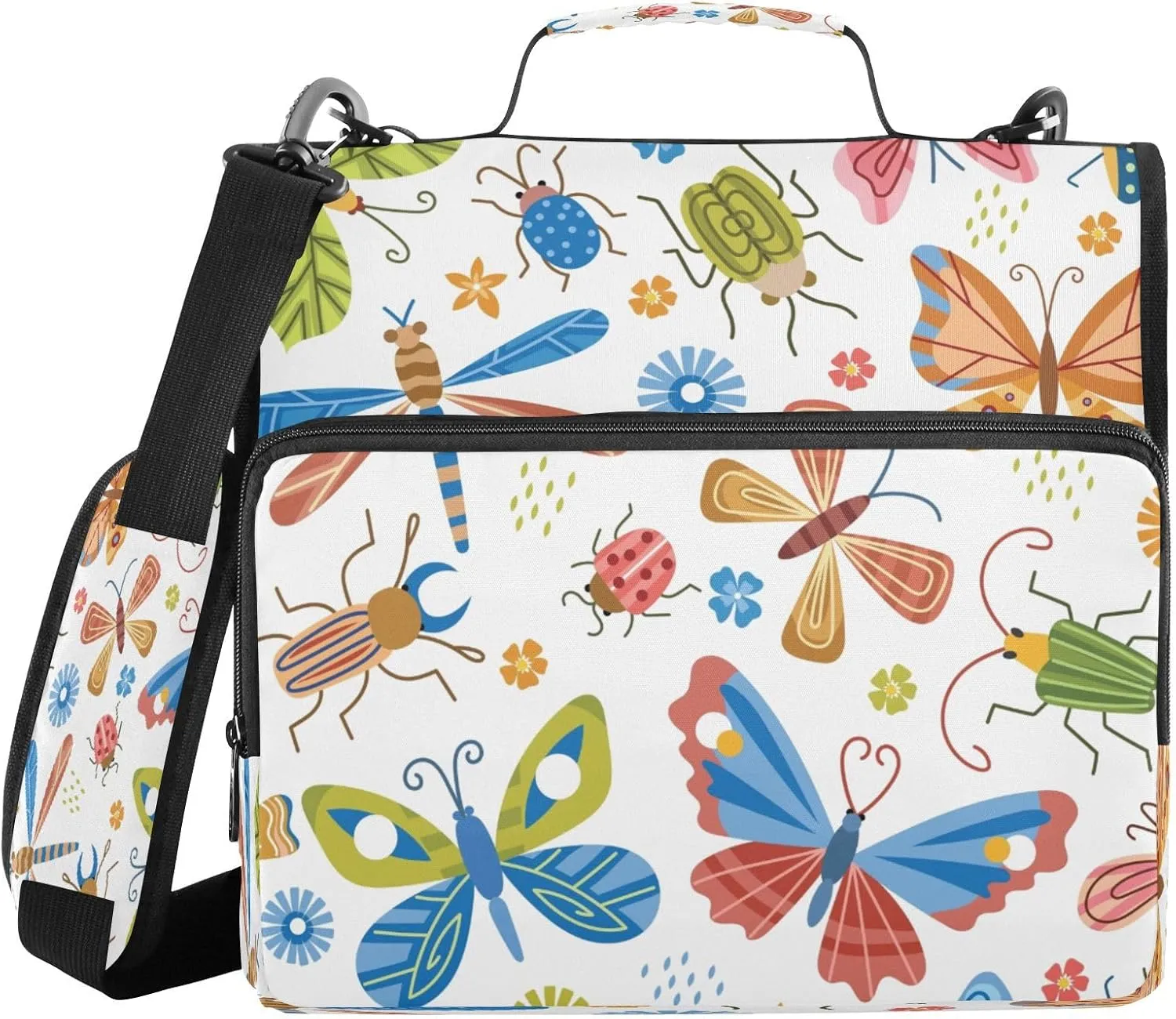 Kcldeci Butterflies Beetles Dragonflies 3 Ring Binder with Zipper,500 Sheet Trapper Keeper Organizer 1.5inch Binder Bag with Shoulder Strap Documents Storage for School and Office