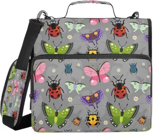 Kcldeci Cartoon Butterfly and Beetle Bug 3 Ring Binder with Zipper,500 Sheet Trapper Keeper Organizer 1.5inch Binder Bag with Shoulder Strap Documents Storage for School and Office