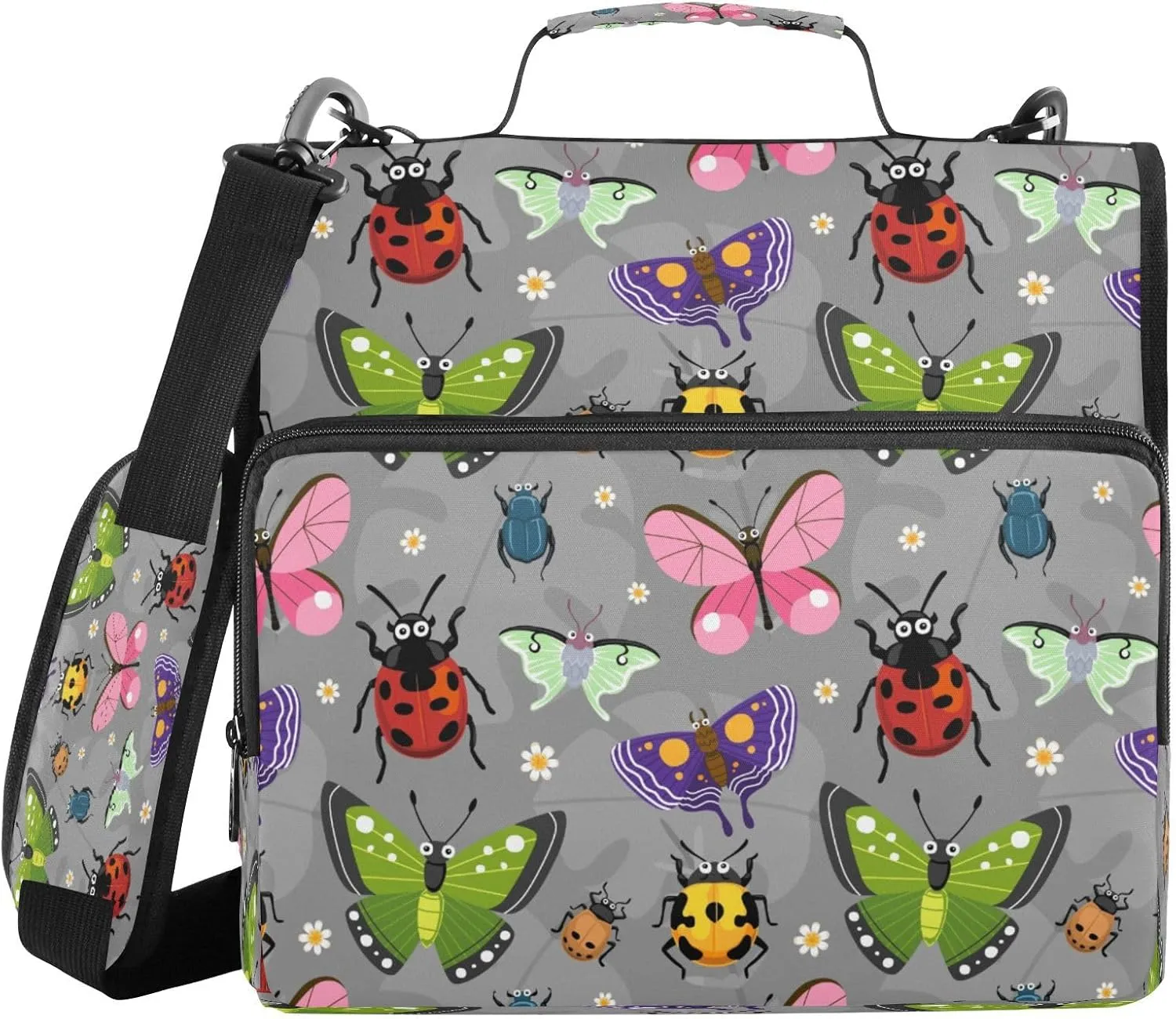 Kcldeci Cartoon Butterfly and Beetle Bug 3 Ring Binder with Zipper,500 Sheet Trapper Keeper Organizer 1.5inch Binder Bag with Shoulder Strap Documents Storage for School and Office