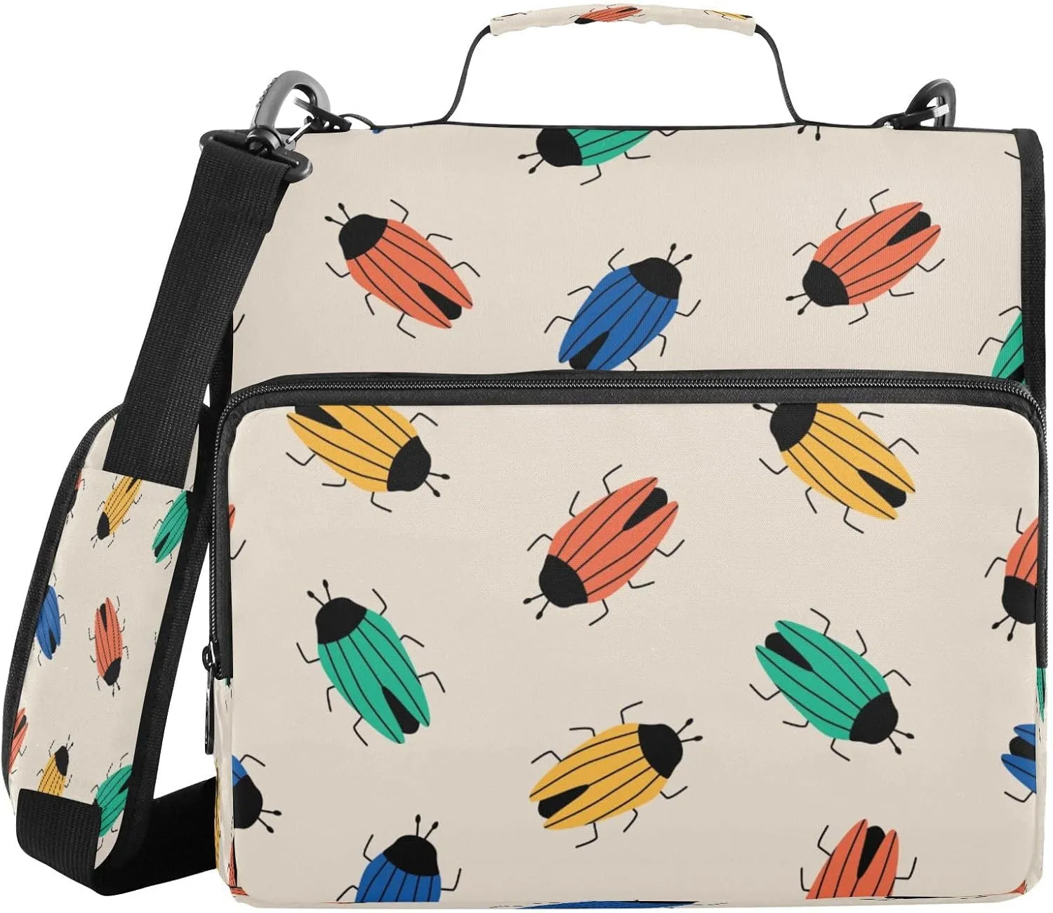 Kcldeci Colorful Bugs Beetle 3 Ring Binder with Zipper,500 Sheet Trapper Keeper Organizer 1.5inch Binder Bag with Shoulder Strap Documents Storage for School and Office