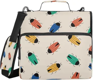 Kcldeci Colorful Bugs Beetle 3 Ring Binder with Zipper,500 Sheet Trapper Keeper Organizer 1.5inch Binder Bag with Shoulder Strap Documents Storage for School and Office