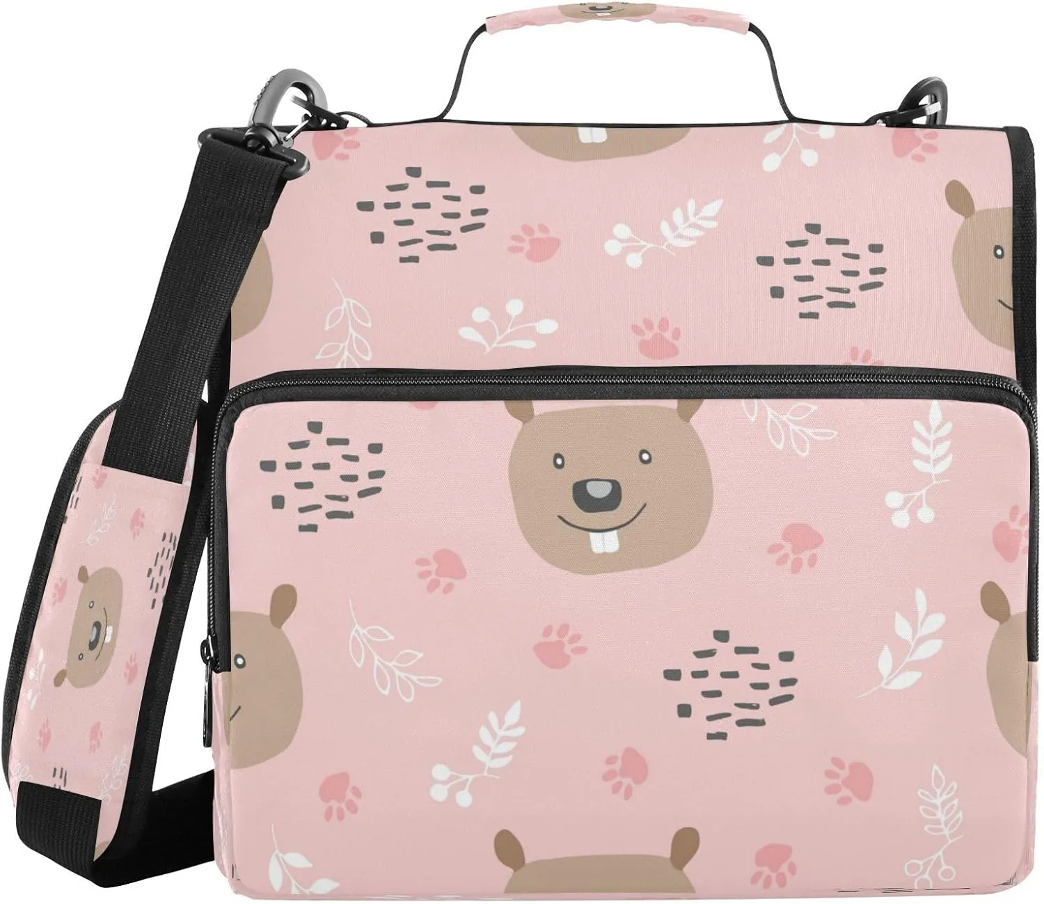 Kcldeci Cute Beaver Zipper Binder，500 Sheet Trapper Keeper Organizer 1.5inch 3 Ring Binder Bag with Shoulder Strap Expanding File Folder for School and Office