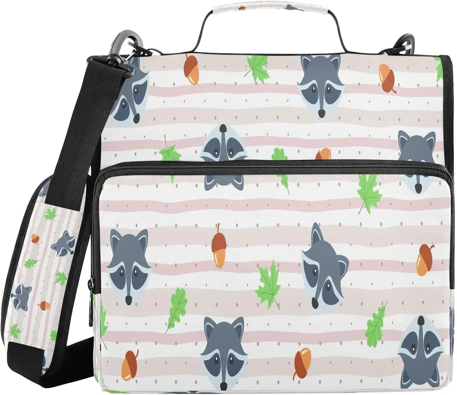 Kcldeci Cute Raccoon Faces Acorns 3 Ring 1.5 Inch Zipper Binder,500 Sheet Trapper Keeper Organizer Binder Bag with Shoulder Strap Expanding Files for School and Office