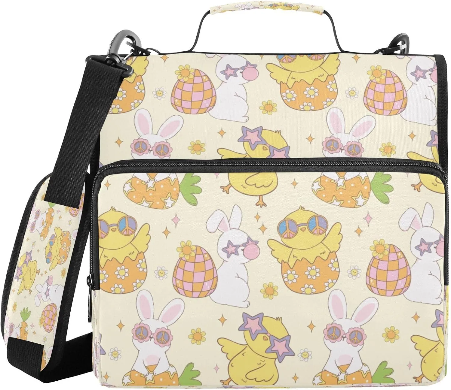 Kcldeci Groovy Easter Bunny and Chick 3 Ring Binder with Zipper,500 Sheet Trapper Keeper Organizer 1.5inch Binder Bag with Shoulder Strap Documents Storage for School and Office