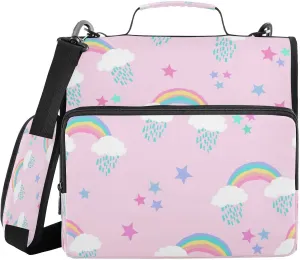 Kcldeci Rainbows Clouds Raindrops Zipper Binder，500 Sheet Trapper Keeper Organizer 1.5inch 3 Ring Binder Bag with Shoulder Strap Expanding File Folder for School and Office