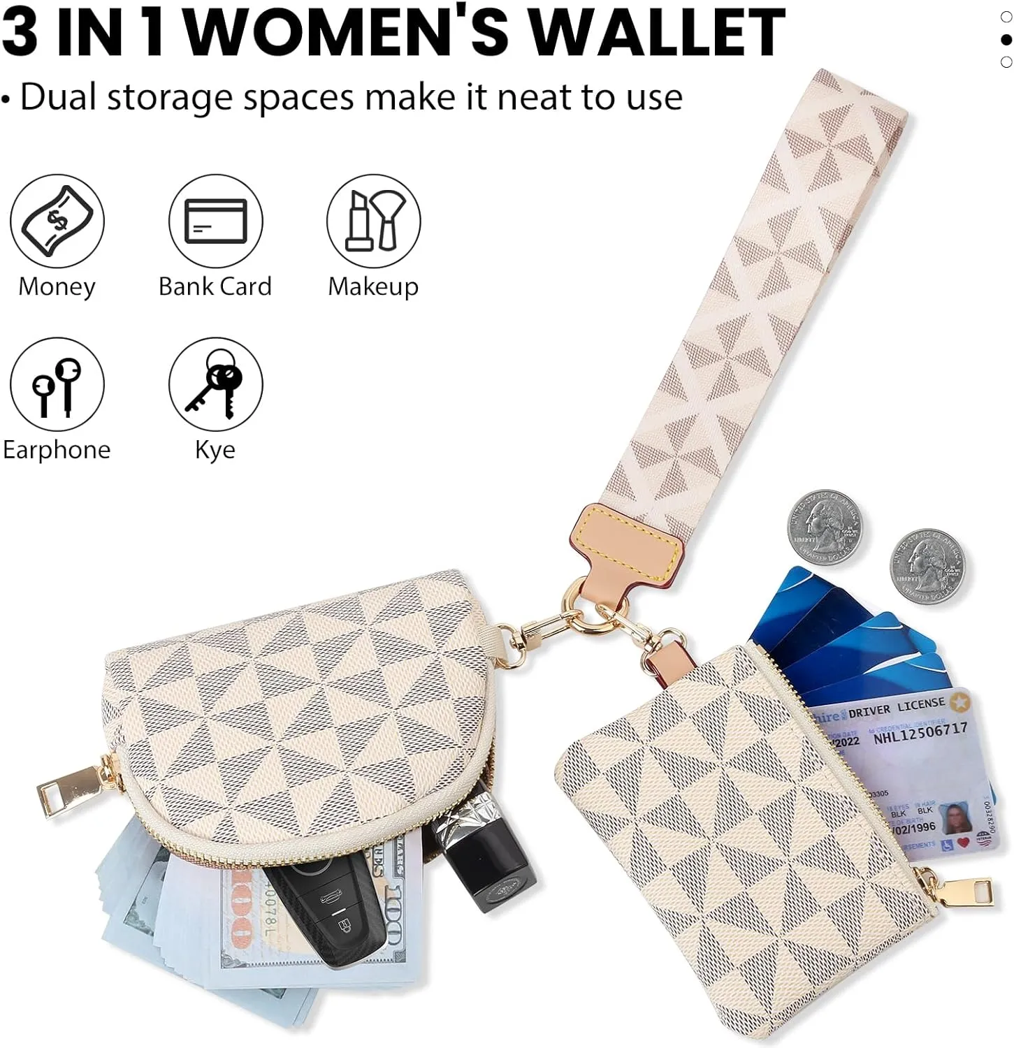 Keychain Wristlet Wallets for Women Leather Coin Purse Dual Pouch Wristlet Credit Card Holder Clutch Purse Wallets Womens Small wristlet wallets