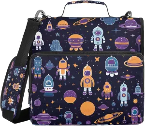 Kigai Cartoon Spacecraft 3 Ring Zipper Binder 1.5 inch D Ring with Shoulder Strap Multi-Pockets Expanding File Folder School Office Supplies Organizer