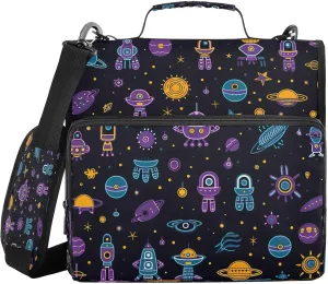 Kigai Cartoon Spacecraft 3 Ring Zipper Binder 1.5 inch D Ring with Shoulder Strap Multi-Pockets Expanding File Folder School Office Supplies Organizer
