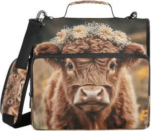 Kigai Flower Highland Cow Zipper Binder with Shoulder Strap 1.5 inch 3 Ring D Ring Multiple Pockets Expanding File Folder 13 Inch Laptop Organizer School & Office Supplies