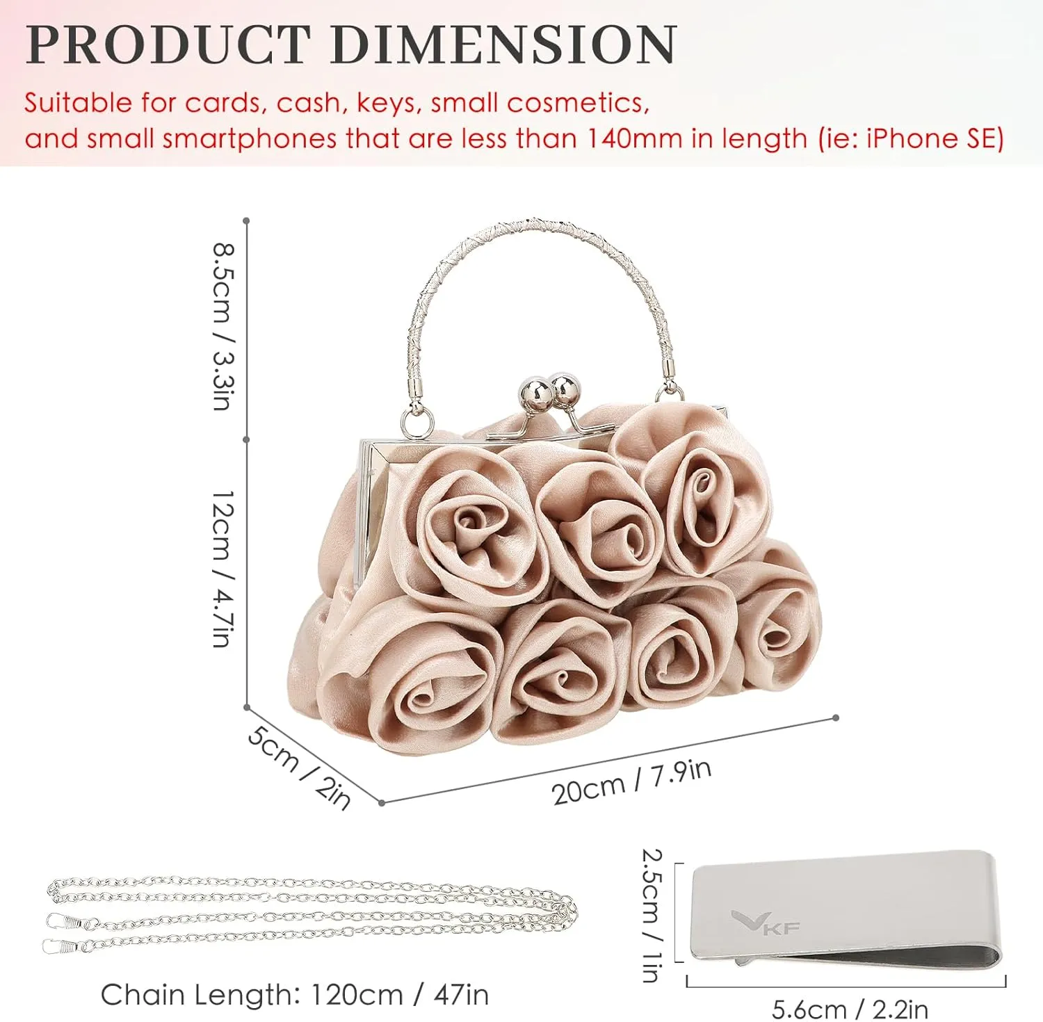 kilofly Missy K 7 Roses Clutch Purse, Satin, with Detachable Strap Money Clip