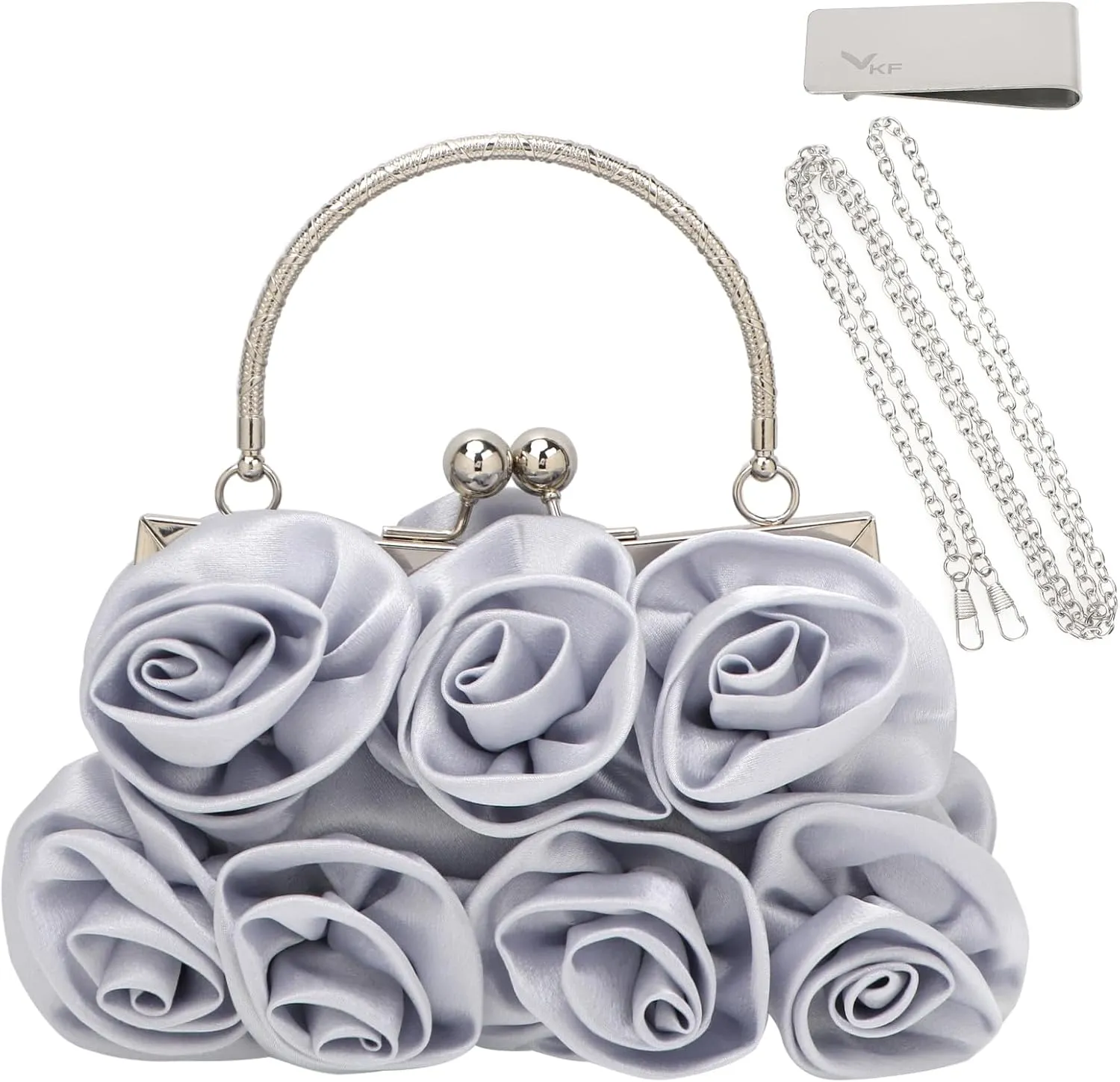 kilofly Missy K 7 Roses Clutch Purse, Satin, with Detachable Strap Money Clip