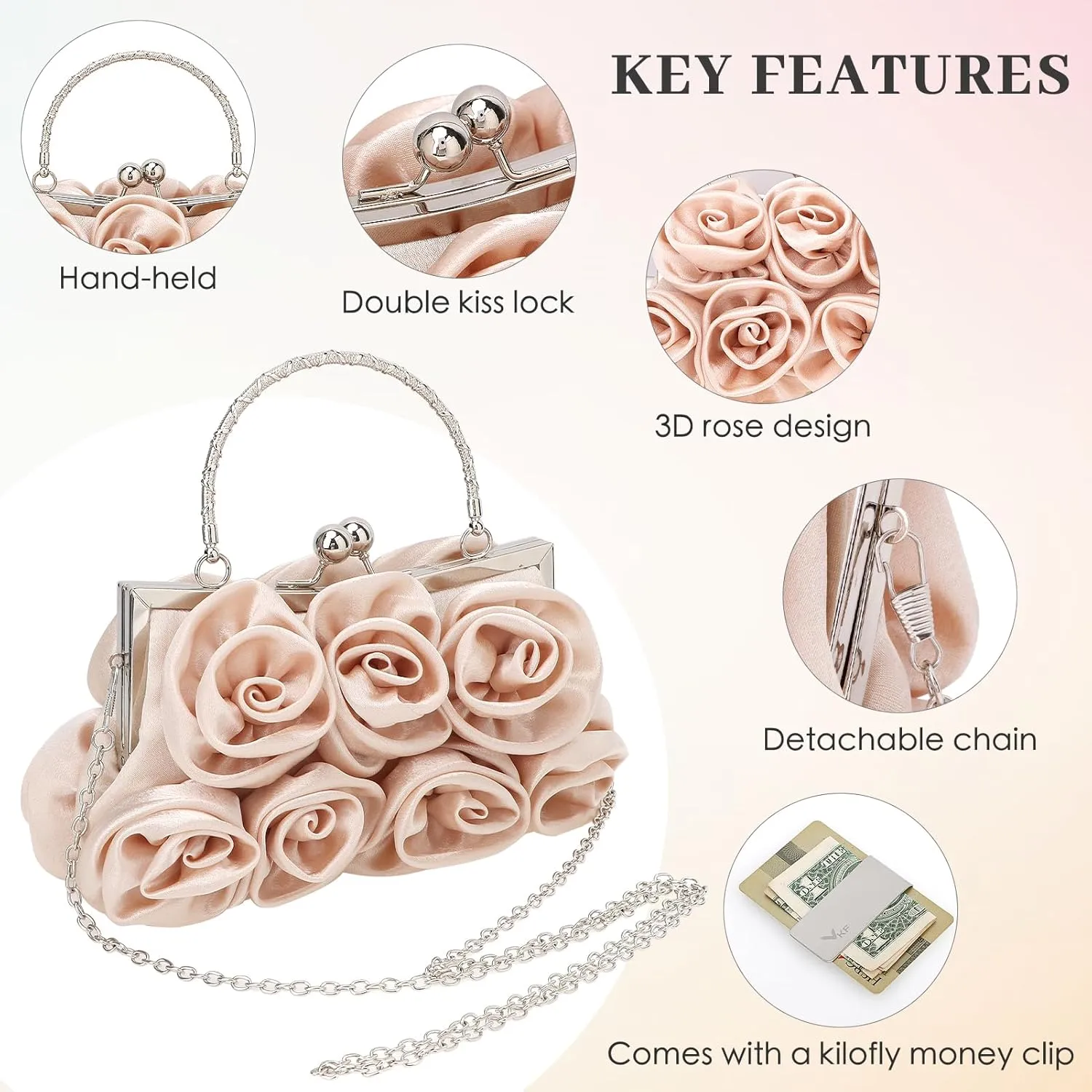 kilofly Missy K 7 Roses Clutch Purse, Satin, with Detachable Strap Money Clip