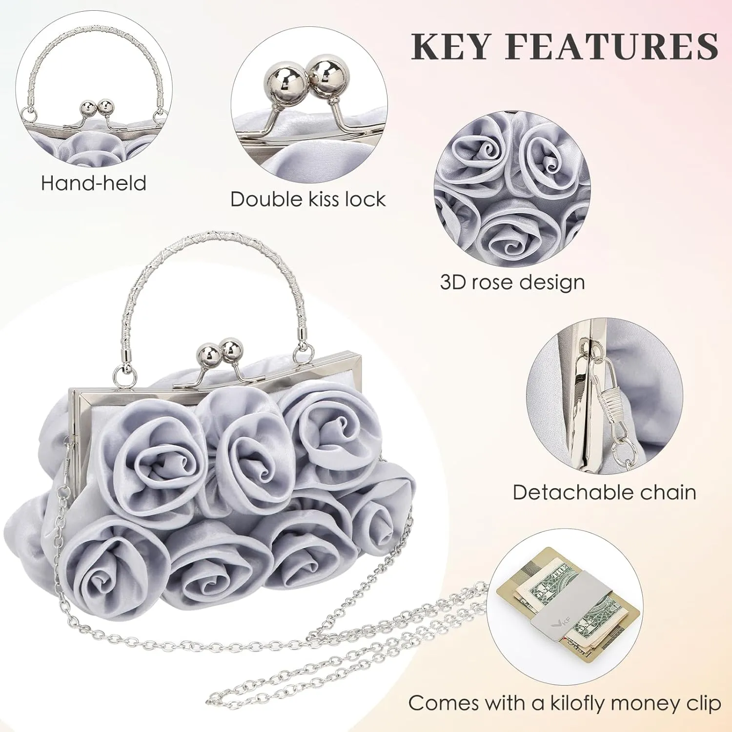 kilofly Missy K 7 Roses Clutch Purse, Satin, with Detachable Strap Money Clip