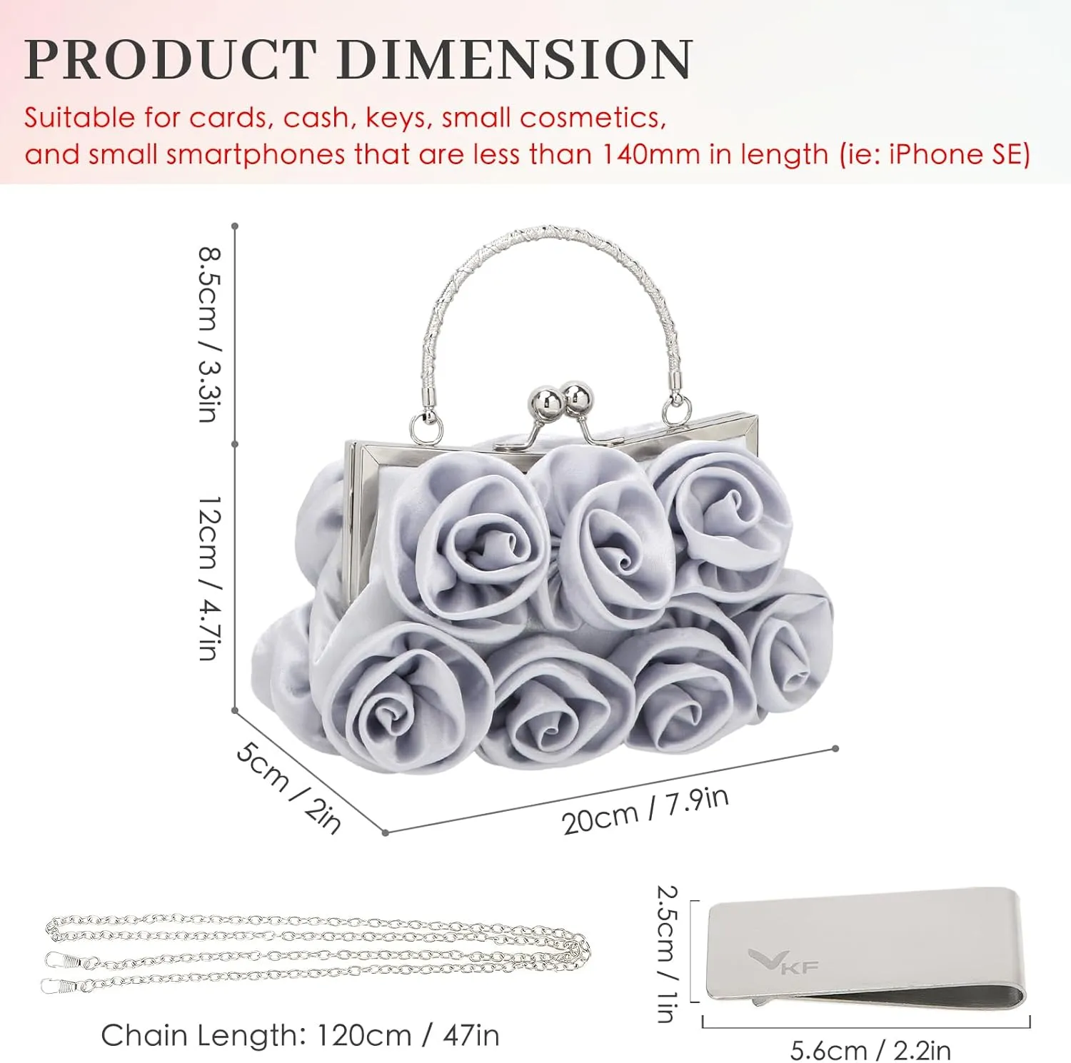 kilofly Missy K 7 Roses Clutch Purse, Satin, with Detachable Strap Money Clip