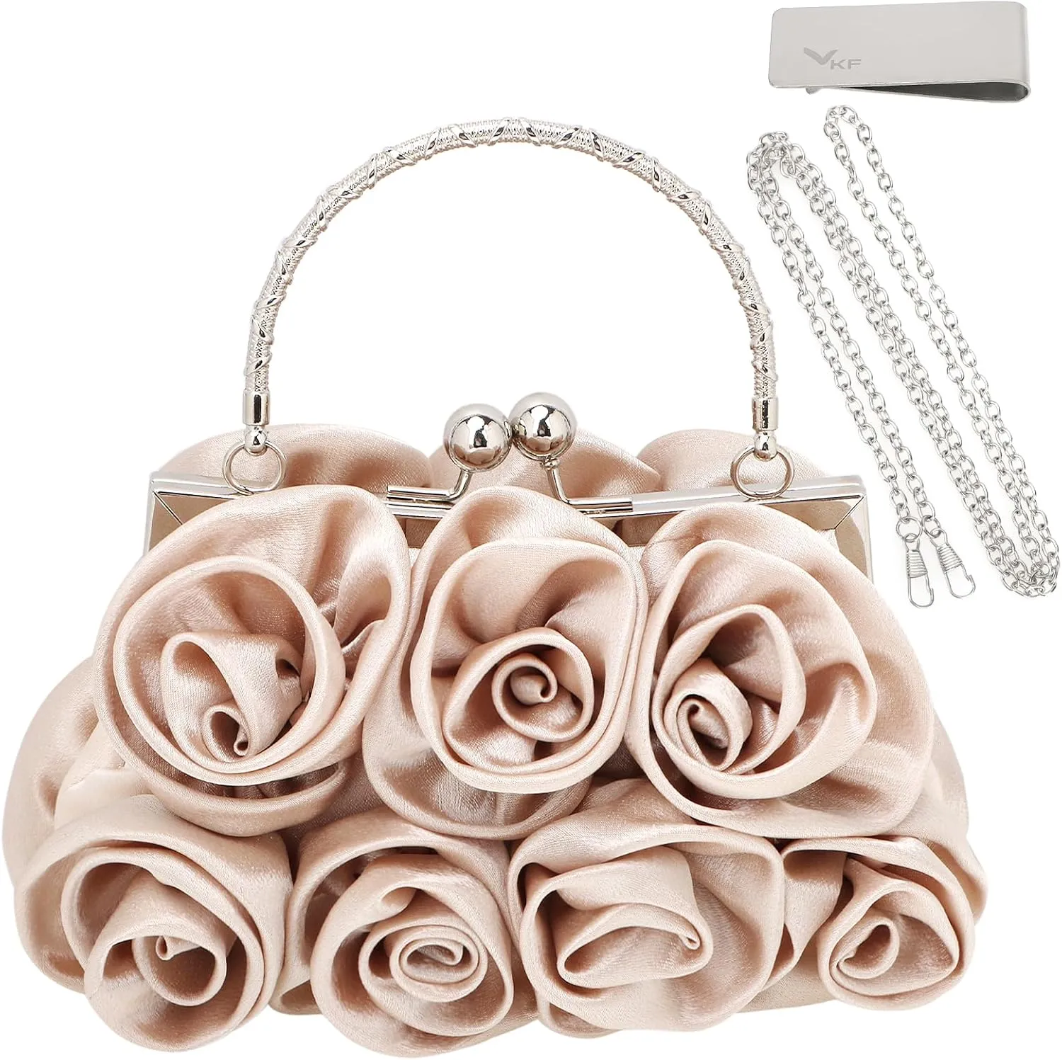 kilofly Missy K 7 Roses Clutch Purse, Satin, with Detachable Strap Money Clip