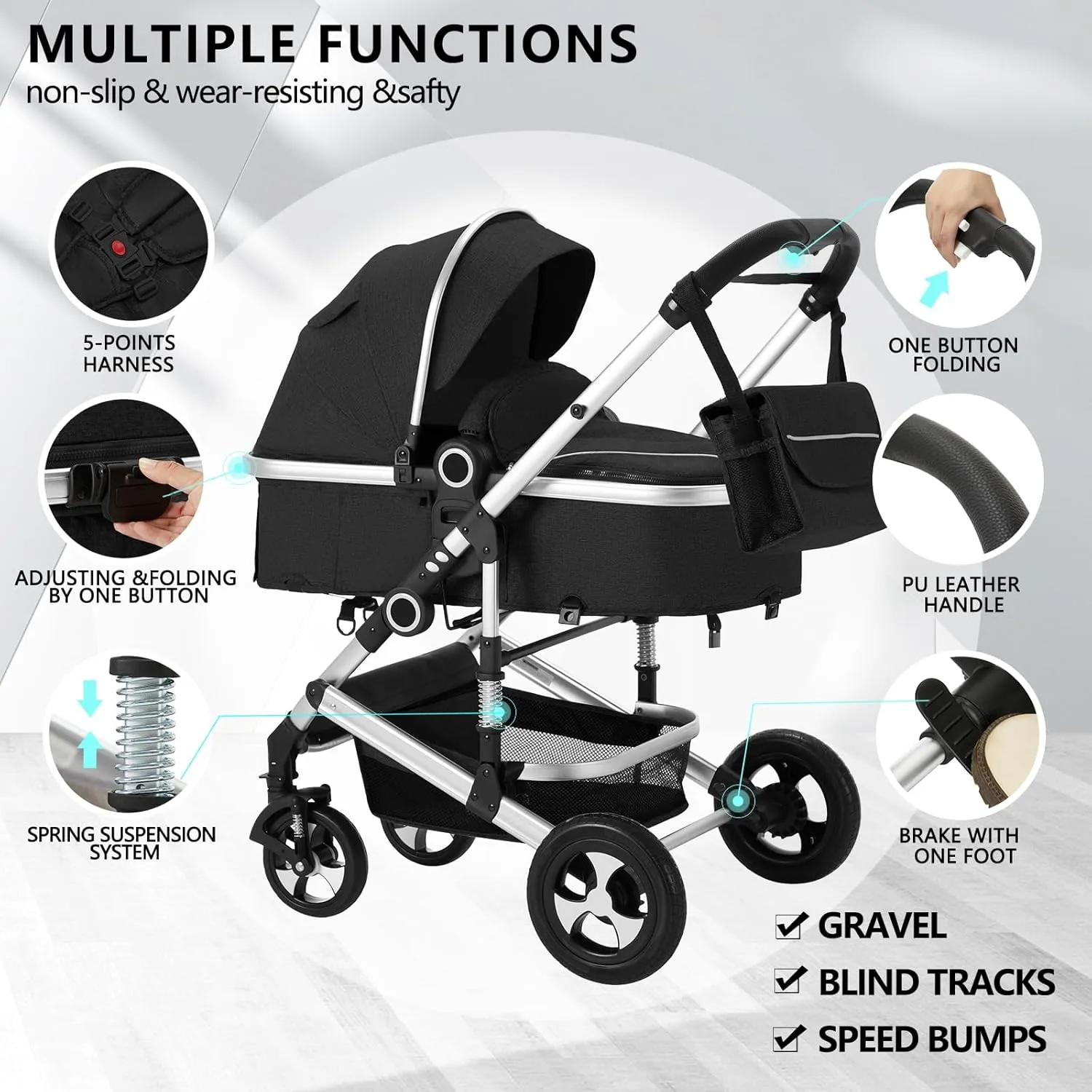 Kinder King 2 in 1 Convertible Baby Stroller, Folding High Landscape Infant Carriage, Newborn Reversible Bassinet Pram, Adjustable Canopy, Diaper Bag, Anti-Shock Toddler Pushchair Stroller, Black