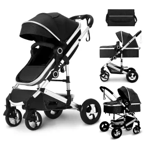 Kinder King 2 in 1 Convertible Baby Stroller, Folding High Landscape Infant Carriage, Newborn Reversible Bassinet Pram, Adjustable Canopy, Diaper Bag, Anti-Shock Toddler Pushchair Stroller, Black