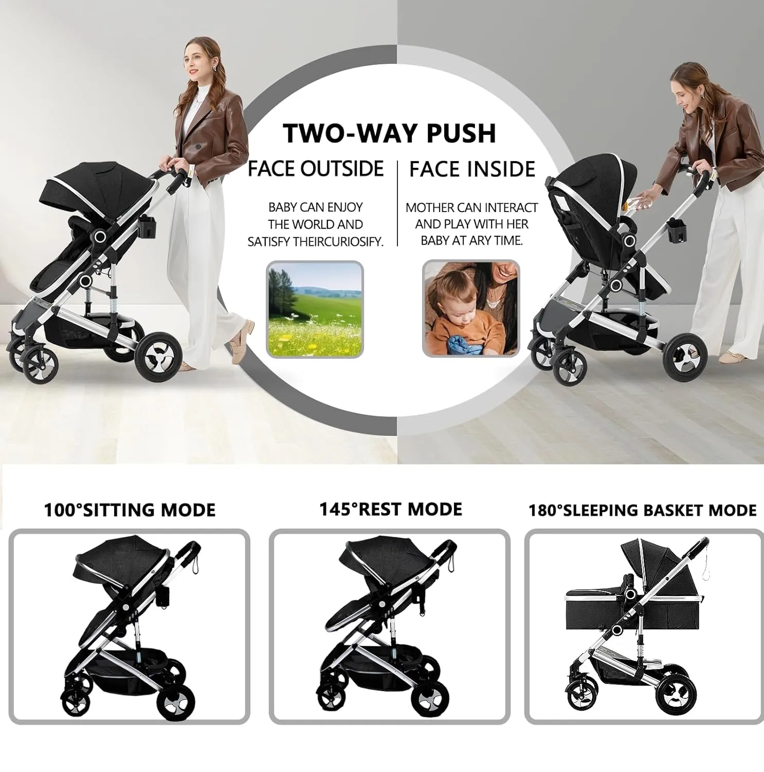 Kinder King 2 in 1 Convertible Baby Stroller, Folding High Landscape Infant Carriage, Newborn Reversible Bassinet Pram, Adjustable Canopy, Diaper Bag, Anti-Shock Toddler Pushchair Stroller, Black