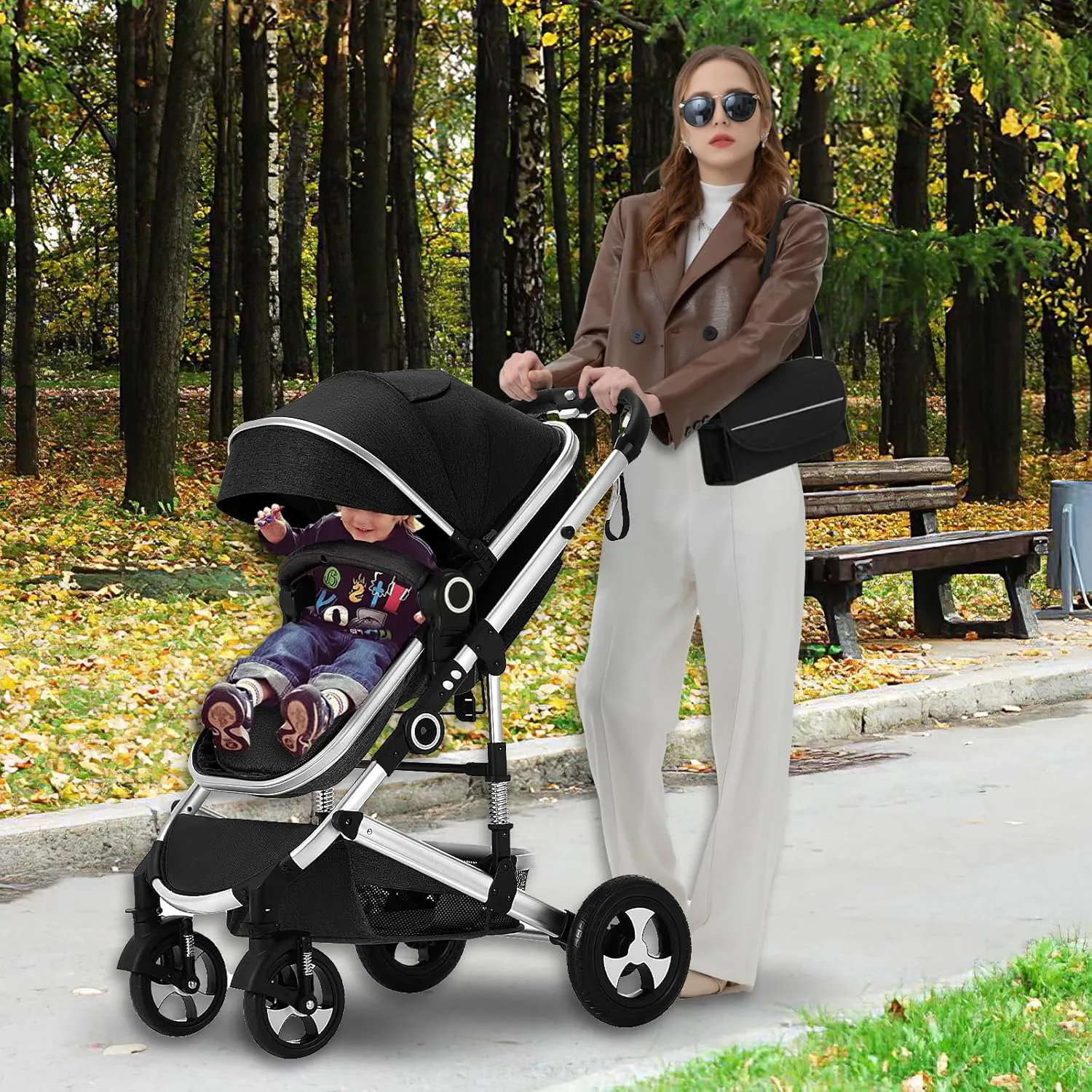 Kinder King 2 in 1 Convertible Baby Stroller, Folding High Landscape Infant Carriage, Newborn Reversible Bassinet Pram, Adjustable Canopy, Diaper Bag, Anti-Shock Toddler Pushchair Stroller, Black
