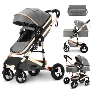 Kinder King 2 in 1 Convertible Baby Stroller, Folding High Landscape Infant Carriage, Newborn Reversible Bassinet Pram, Adjustable Canopy, Diaper Bag, Anti-Shock Toddler Pushchair Stroller, Gold