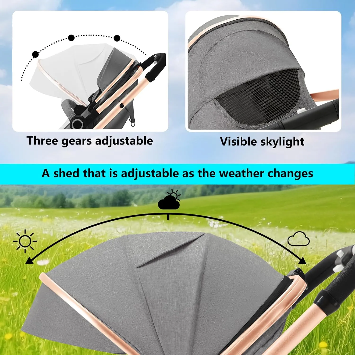 Kinder King 2 in 1 Convertible Baby Stroller, Folding High Landscape Infant Carriage, Newborn Reversible Bassinet Pram, Adjustable Canopy, Diaper Bag, Anti-Shock Toddler Pushchair Stroller, Gold