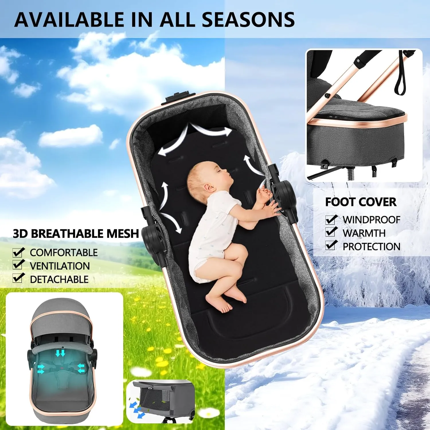 Kinder King 2 in 1 Convertible Baby Stroller, Folding High Landscape Infant Carriage, Newborn Reversible Bassinet Pram, Adjustable Canopy, Diaper Bag, Anti-Shock Toddler Pushchair Stroller, Gold