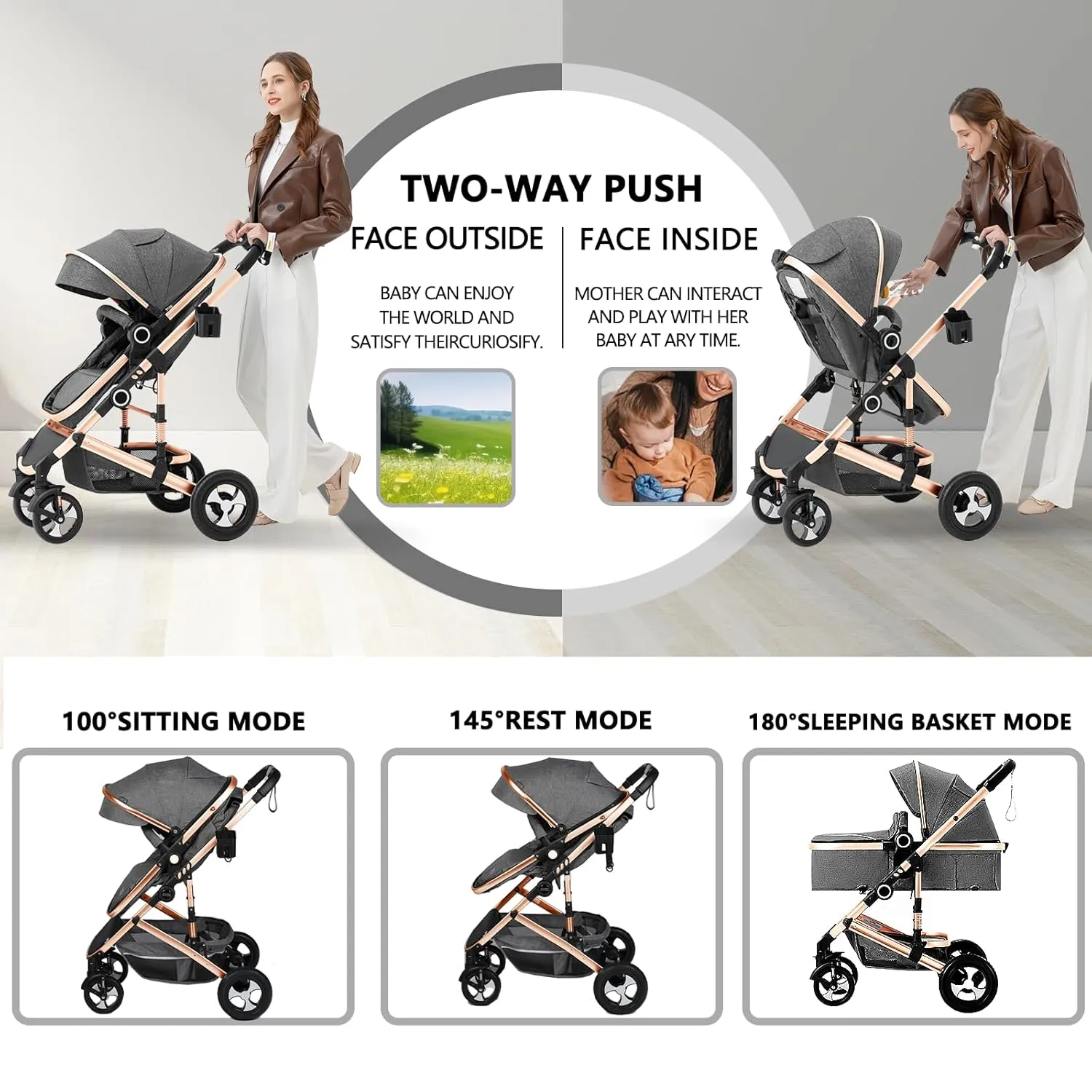 Kinder King 2 in 1 Convertible Baby Stroller, Folding High Landscape Infant Carriage, Newborn Reversible Bassinet Pram, Adjustable Canopy, Diaper Bag, Anti-Shock Toddler Pushchair Stroller, Gold