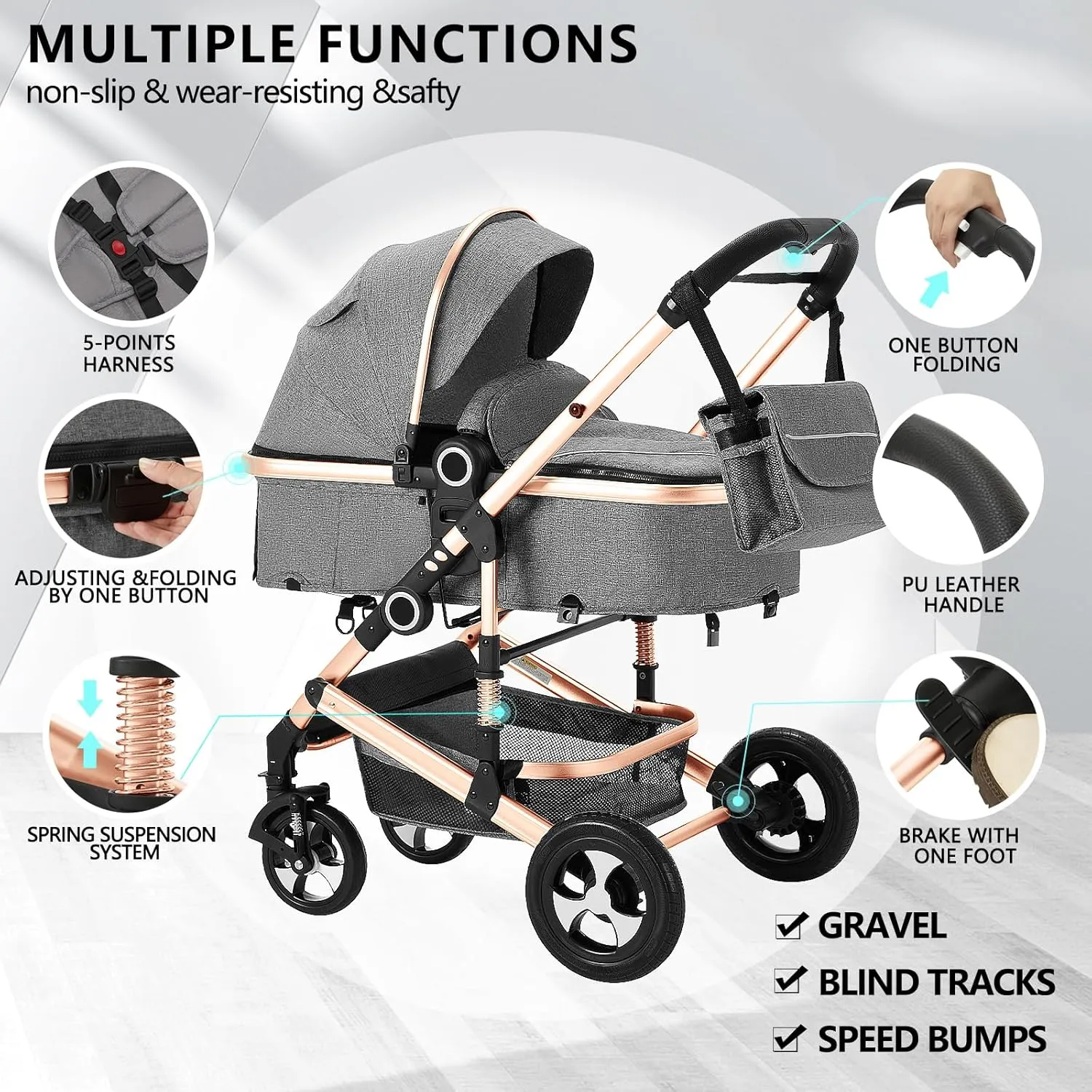 Kinder King 2 in 1 Convertible Baby Stroller, Folding High Landscape Infant Carriage, Newborn Reversible Bassinet Pram, Adjustable Canopy, Diaper Bag, Anti-Shock Toddler Pushchair Stroller, Gold