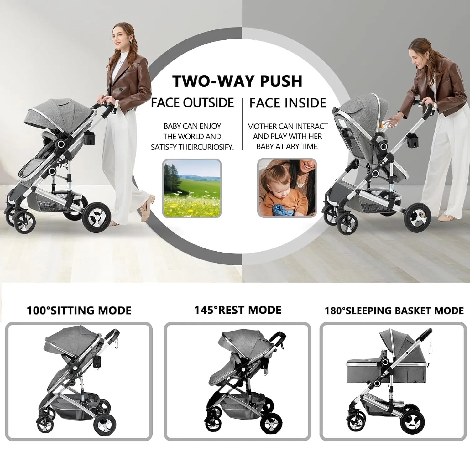 Kinder King 2 in 1 Convertible Baby Stroller, Folding High Landscape Infant Carriage, Newborn Reversible Bassinet Pram, Adjustable Canopy, Diaper Bag, Anti-Shock Toddler Pushchair Stroller, Light Grey