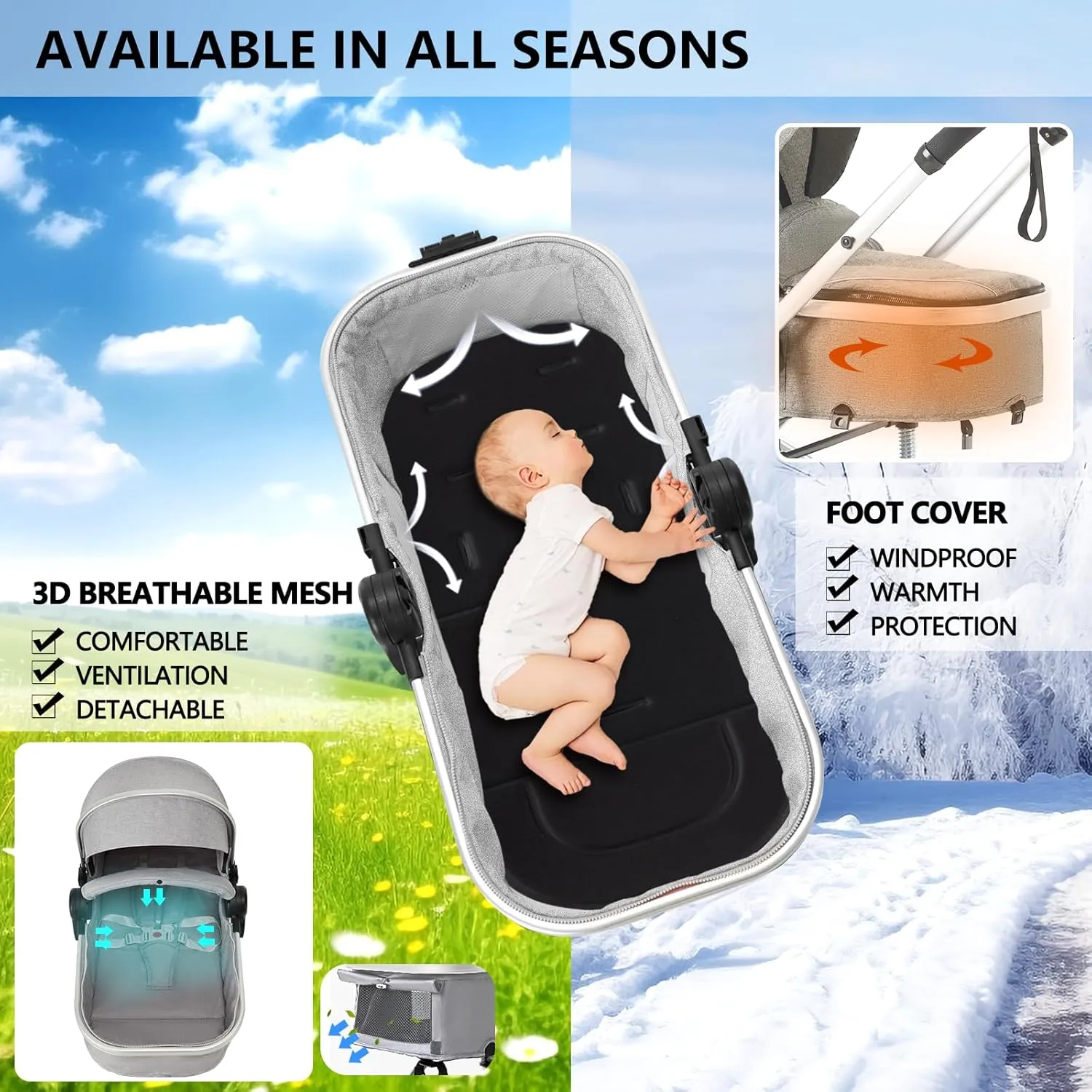 Kinder King 2 in 1 Convertible Baby Stroller, Folding High Landscape Infant Carriage, Newborn Reversible Bassinet Pram, Adjustable Canopy, Diaper Bag, Anti-Shock Toddler Pushchair Stroller, Light Grey