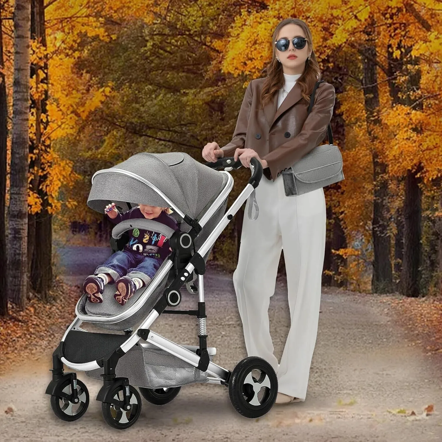 Kinder King 2 in 1 Convertible Baby Stroller, Folding High Landscape Infant Carriage, Newborn Reversible Bassinet Pram, Adjustable Canopy, Diaper Bag, Anti-Shock Toddler Pushchair Stroller, Light Grey