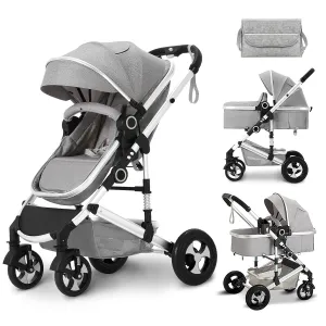 Kinder King 2 in 1 Convertible Baby Stroller, Folding High Landscape Infant Carriage, Newborn Reversible Bassinet Pram, Adjustable Canopy, Diaper Bag, Anti-Shock Toddler Pushchair Stroller, Light Grey