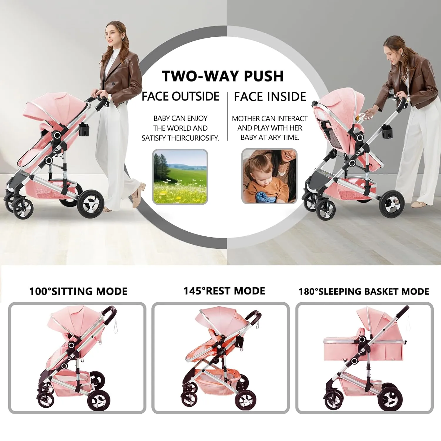 Kinder King 2 in 1 Convertible Baby Stroller, Folding High Landscape Infant Carriage, Newborn Reversible Bassinet Pram, Adjustable Canopy, Diaper Bag, Pink