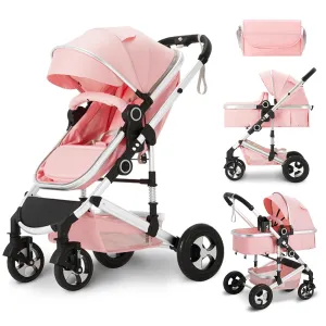 Kinder King 2 in 1 Convertible Baby Stroller, Folding High Landscape Infant Carriage, Newborn Reversible Bassinet Pram, Adjustable Canopy, Diaper Bag, Pink