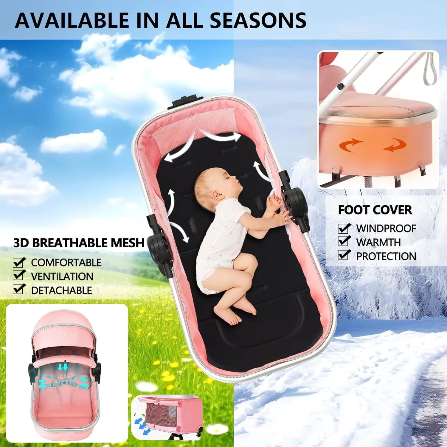 Kinder King 2 in 1 Convertible Baby Stroller, Folding High Landscape Infant Carriage, Newborn Reversible Bassinet Pram, Adjustable Canopy, Diaper Bag, Pink