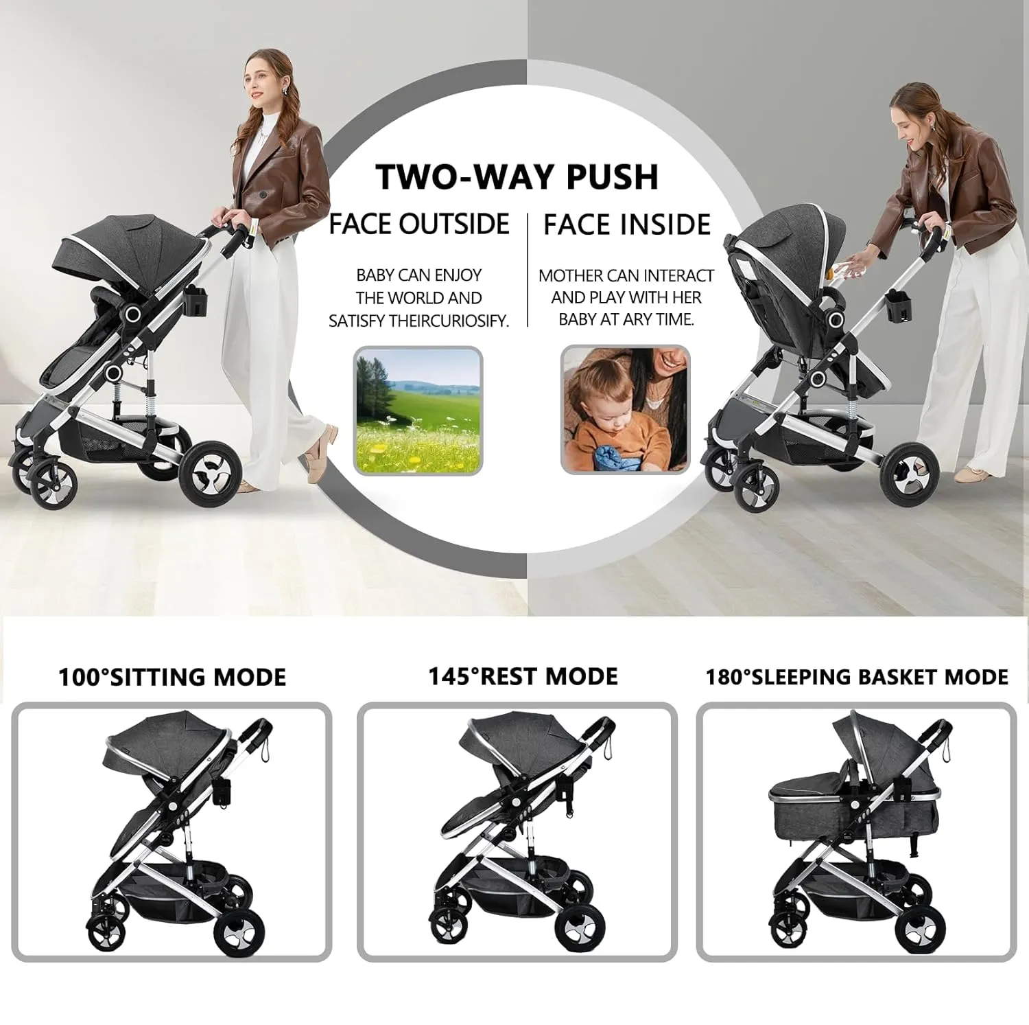 Kinder King 2 in 1 Convertible Baby Stroller, Folding High Landscape Infant Carriage, Newborn Reversible Bassinet Pram, Diaper Bag, Anti-Shock Toddler Pushchair Stroller, Dark Grey