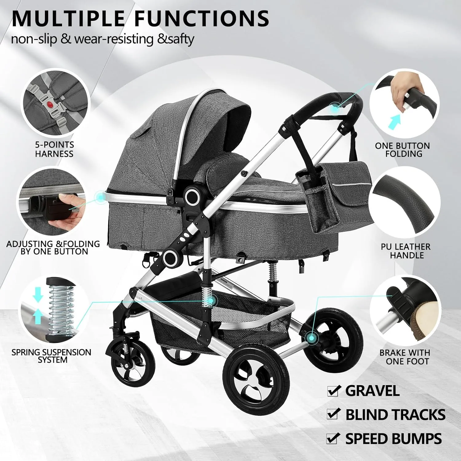 Kinder King 2 in 1 Convertible Baby Stroller, Folding High Landscape Infant Carriage, Newborn Reversible Bassinet Pram, Diaper Bag, Anti-Shock Toddler Pushchair Stroller, Dark Grey
