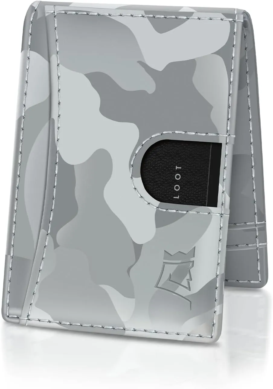 Kings Loot Money Clip Slim Minimalist Wallet for Men | RFID Blocking Leather Design with Money Clip | Front Pocket Bifold Holds 12 Cards | Stylish & Compact Wallets (Camo White)