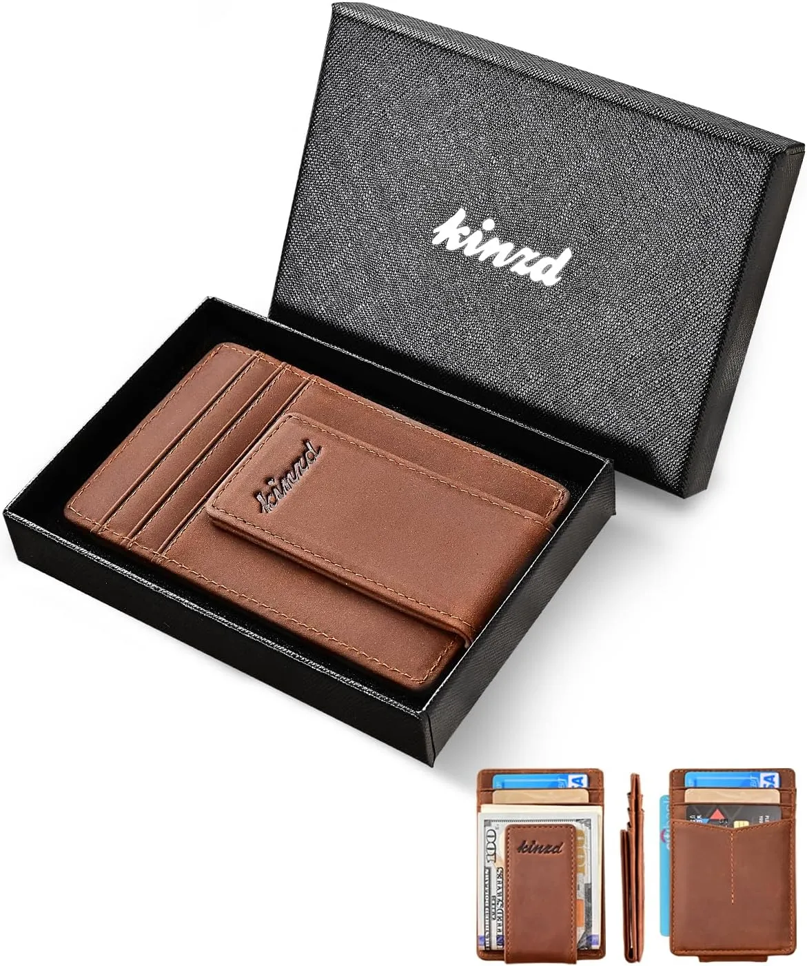 kinzd Money Clip Front Pocket Wallet Leather RFID Blocking Strong Magnet Thin Wallet Men