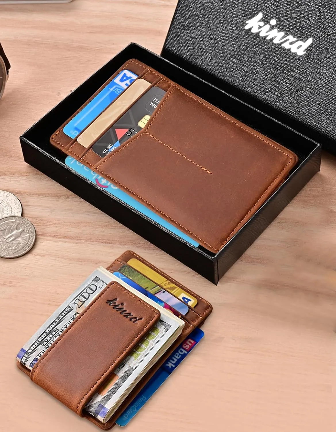 kinzd Money Clip Front Pocket Wallet Leather RFID Blocking Strong Magnet Thin Wallet Men