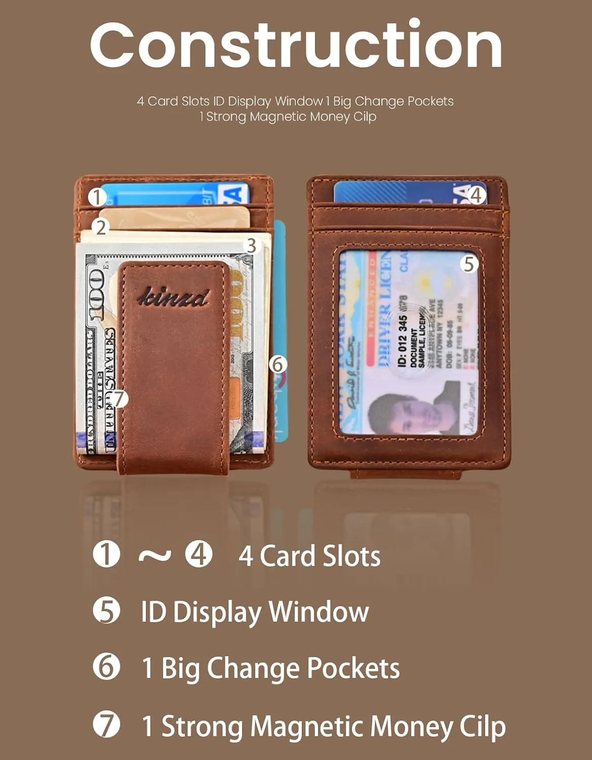 kinzd Money Clip, Front Pocket Wallet, Leather RFID Blocking Strong Magnet thin Wallet